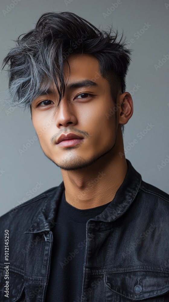 Fashion portrait of young Asian man looking at camera dancing in urban setting low angle, copy space, Generative AI Fashion portrait of young Asian man looking at camera dancing in urban setting low angle, copy space, Generative AI