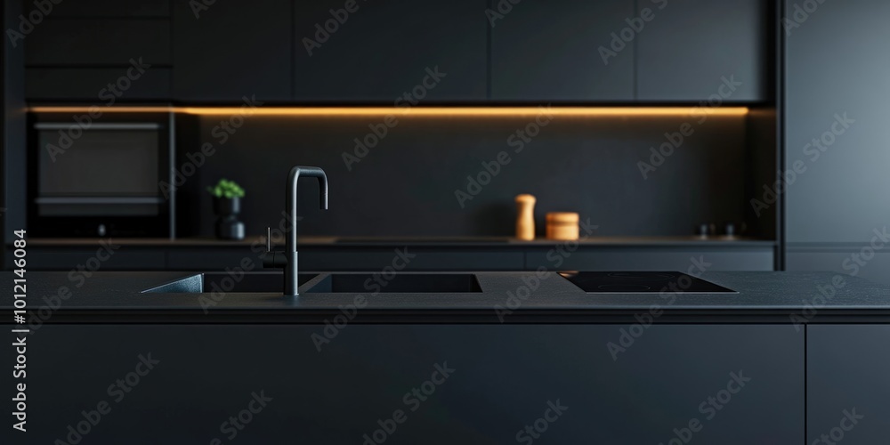 Modern Kitchen Interior with Dark Island Countertop and Cooking Area Modern Kitchen Interior with Dark Island Countertop and Cooking Area