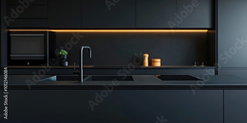Modern Kitchen Interior with Dark Island Countertop and Cooking Area