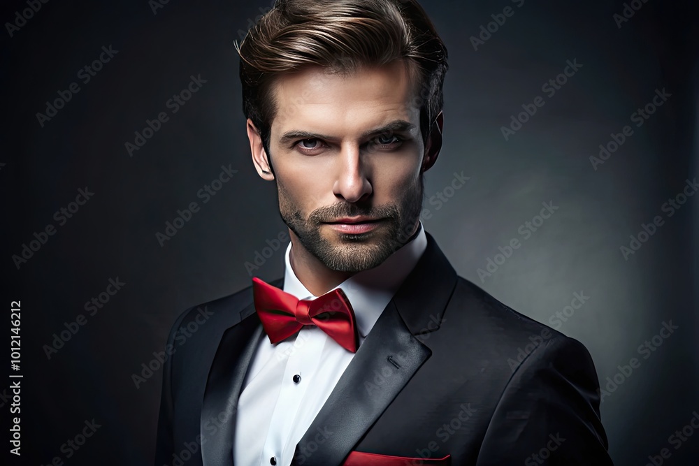 Elegant all black suit featuring a striking red bow tie, perfect for formal events and occasions Elegant all black suit featuring a striking red bow tie, perfect for formal events and occasions