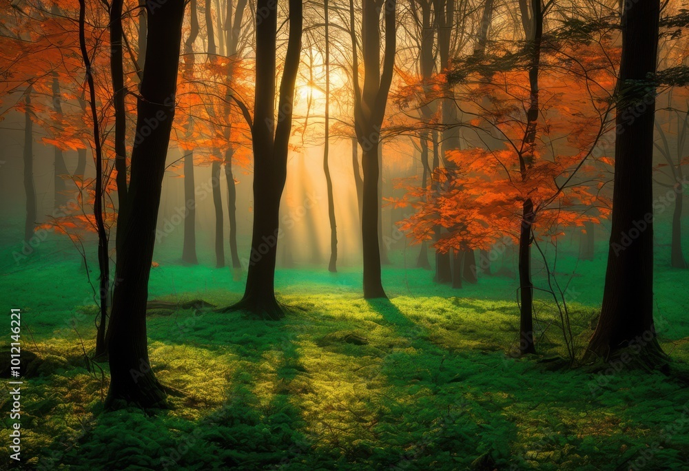 silhouetted trees mystical forest dawn showcasing vibrant foliage subtle mist enhancing enchanted harmony nature, aesthetic, botanical, bright, charm silhouetted trees mystical forest dawn showcasing vibrant foliage subtle mist enhancing enchanted harmony nature, aesthetic, botanical, bright, charm