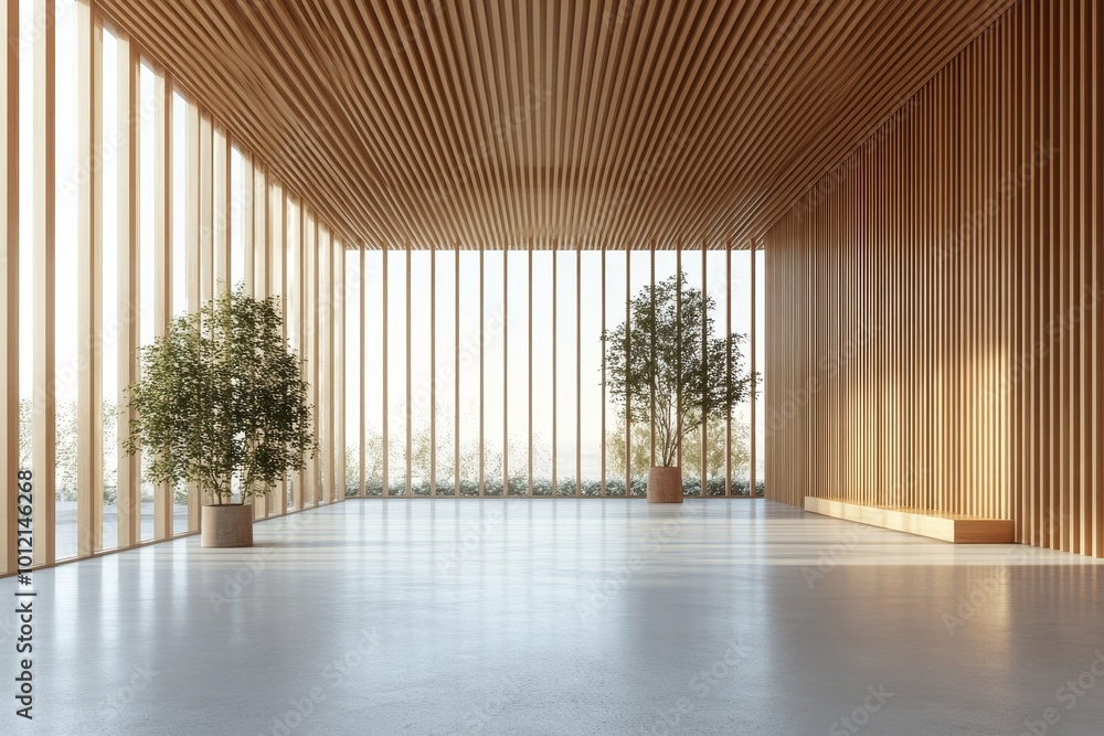 Fototapeta premium Minimalistic interior with wooden slats walls and ceiling, large windows, and plain floors. Bright contemporary architectural design concept. 3D, Generative AI