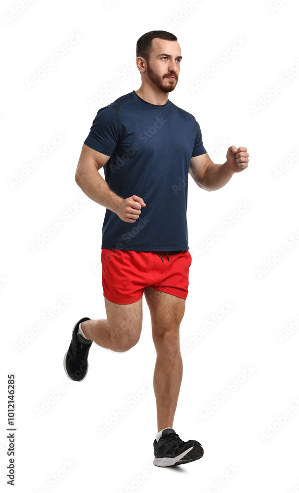 Handsome young man running on white background Handsome young man running on white background