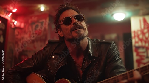 A man, clad in a leather jacket and sunglasses, passionately performs on a guitar in a room with eclectic decor, capturing the vibe of artistic expression. photo