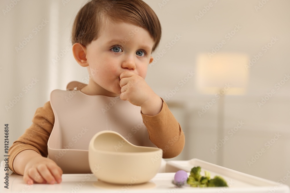 Cute little baby eating healthy food from bowl in high chair at home, space for text Cute little baby eating healthy food from bowl in high chair at home, space for text