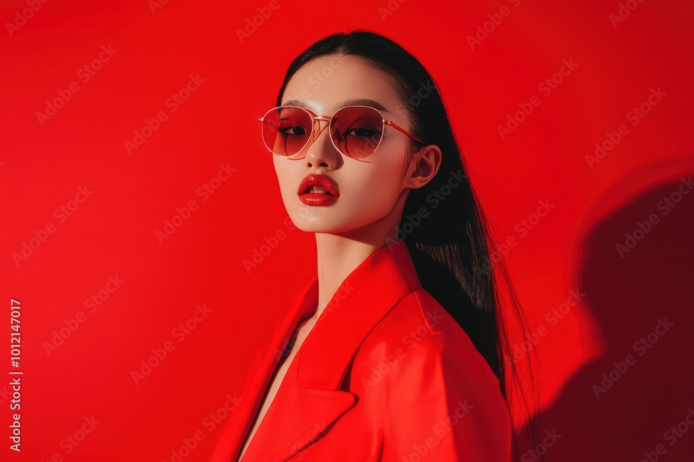 A full body fashion editorial of minimalistic high street runway featuring an edgy Asian model wearing plain glasses and red outfit, standing in front of pure red background A full body fashion editorial of minimalistic high street runway featuring an edgy Asian model wearing plain glasses and red outfit, standing in front of pure red background
