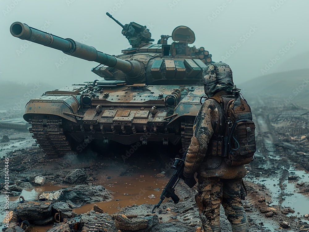 Soldier Standing Guard Near Military Tank in Foggy Battlefield Soldier Standing Guard Near Military Tank in Foggy Battlefield