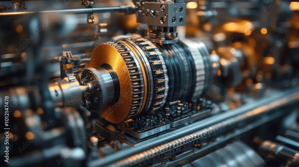 Close-up of a complex industrial machine with intricate gears and metallic components. Close-up of a complex industrial machine with intricate gears and metallic components.