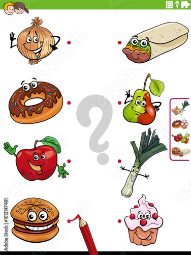 match cartoon food object characters educational activity