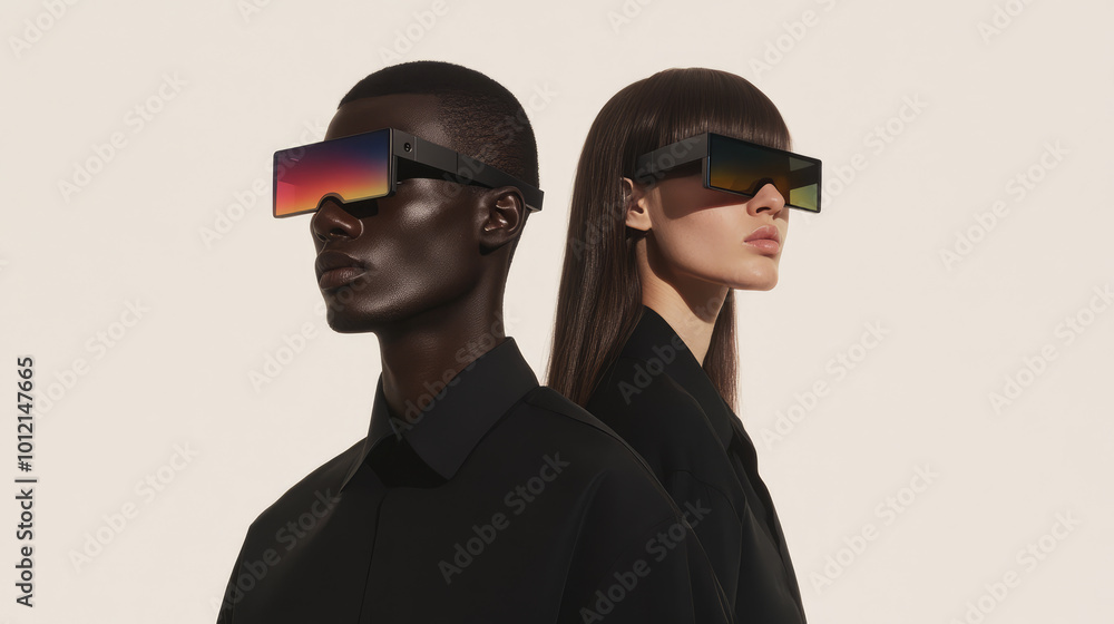 Diverse models wearing stylish sunglasses posing in studio Diverse models wearing stylish sunglasses posing in studio