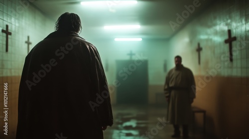 A dimly lit hallway adorned with crosses is the setting for two distant figures, evoking an eerie and mysterious atmosphere of suspense and tension. photo