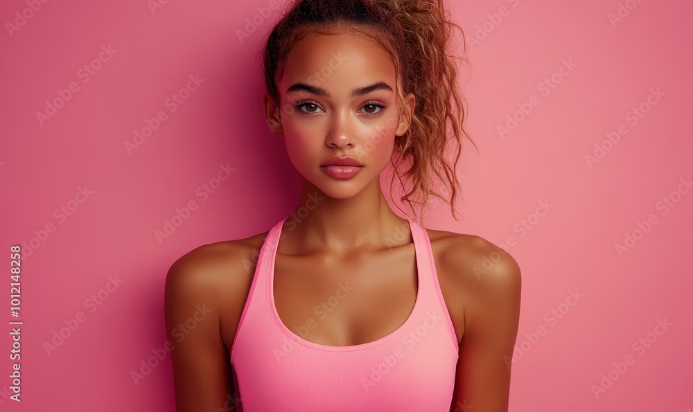 Woman in pink activewear posing against pink background, Generative AI Woman in pink activewear posing against pink background, Generative AI