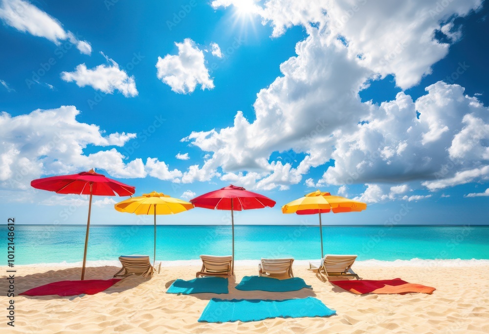 Fototapeta premium vibrant beach scene featuring colorful sunbathing crystal clear bright summer sky, umbrella, towel, sand, water, sunlight, coastline, ocean, tropical