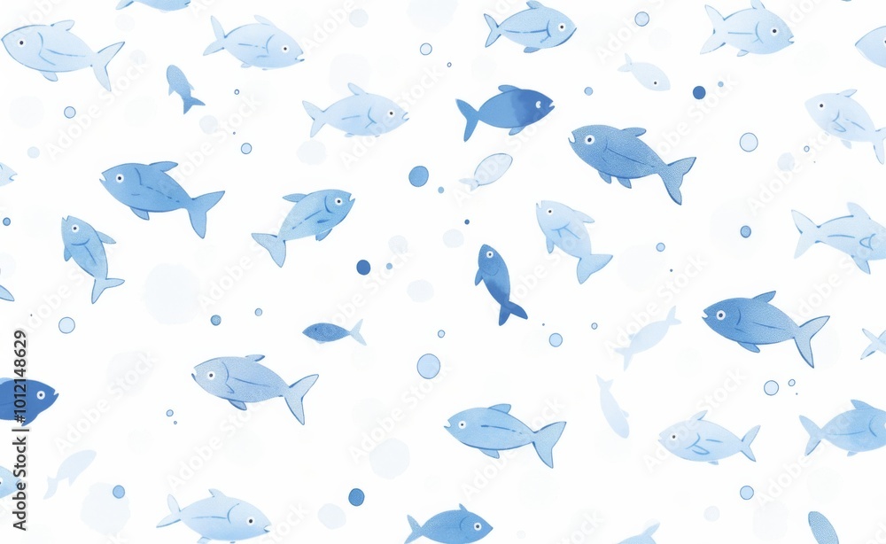 Fototapeta premium Vector Illustration of Small Fish Swimming on White Background: Cute and Simple Design in White and Blue Tones with Watercolor Effect
