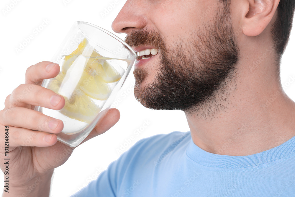 Happy man drinking water with lemon on white background, closeup Happy man drinking water with lemon on white background, closeup