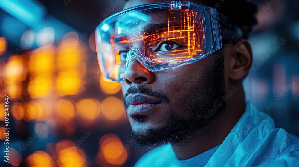 A young man wearing safety goggles looks thoughtfully to the side in a lab. A young man wearing safety goggles looks thoughtfully to the side in a lab.