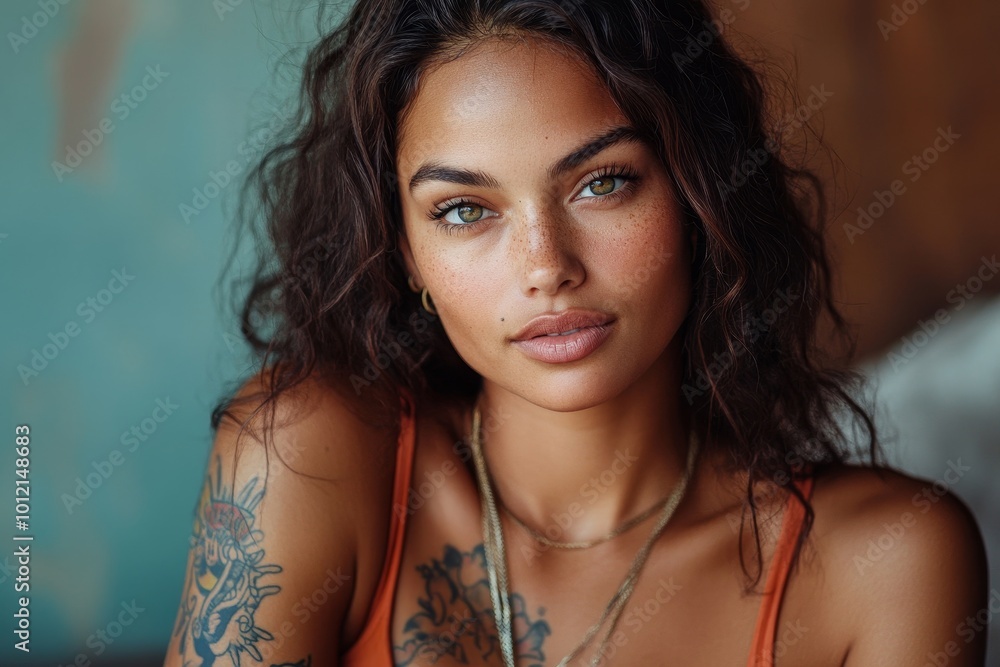 Candid ethnic young woman with tattoos looking at camera, Generative AI Candid ethnic young woman with tattoos looking at camera, Generative AI