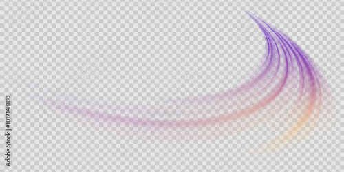 Light beam illustration, neon light strip, high speed motion background, on transparent background in PNG format. Glow luminous glitter shimmer trail. 