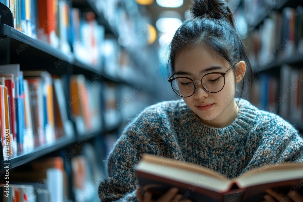 Asian girl with disability in college library reading books, Generative AI Asian girl with disability in college library reading books, Generative AI