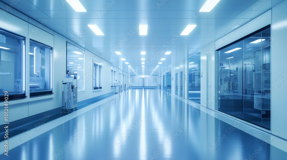 Obraz premium Expansive high-tech hallway in a modern facility featuring sleek design and bright lighting
