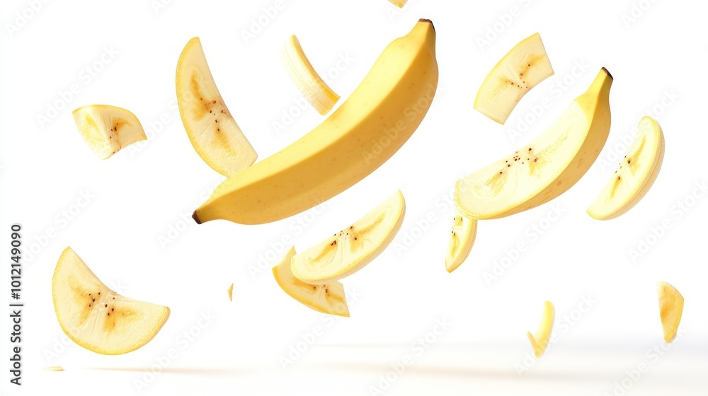 A floating banana and banana slices against a white background. A floating banana and banana slices against a white background.