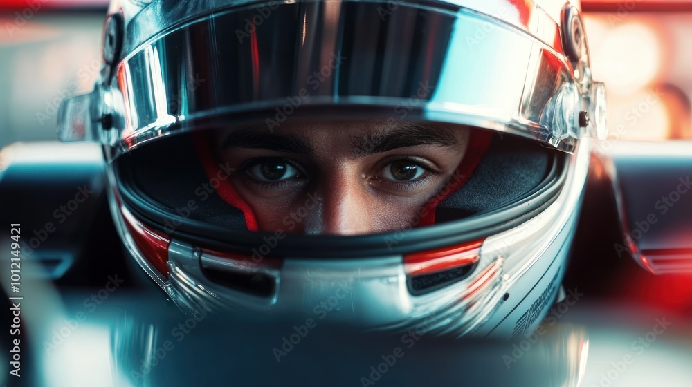 Close-up of a race car driver in a helmet, focused and ready for competition. Close-up of a race car driver in a helmet, focused and ready for competition.