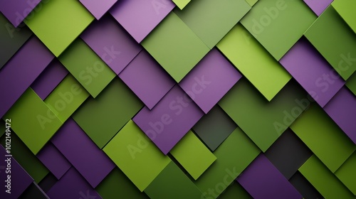 A modern artistic composition of overlapping purple and green square tiles creating a layered effect, showcasing depth and dimension with a clean, textured look. photo