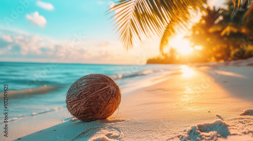 Fototapeta Naklejka Na Ścianę i Meble -  Coconut lying on a tropical beach at sunset with palm trees
