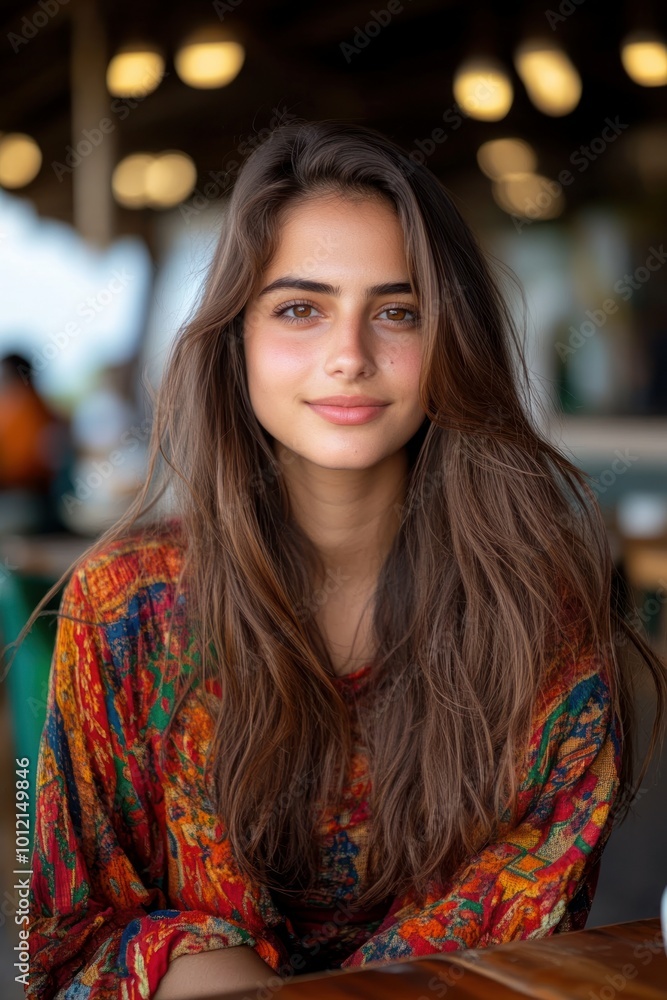 Fototapeta premium high quality photorealistic full-body portrait of a 22 year old beautiful Indian girl sitting by a cafe looking at the camera
