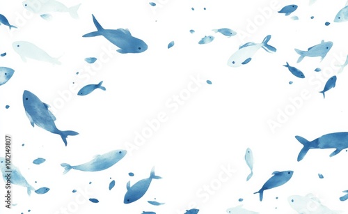 Vector Illustration of Small Fish Swimming on White Background: Cute and Simple Design in White and Blue Tones with Watercolor Effect