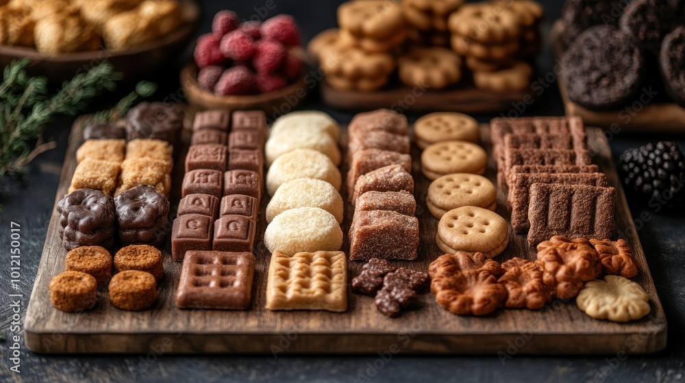 A variety of cookies and chocolate bars arranged on a wooden board. A variety of cookies and chocolate bars arranged on a wooden board.