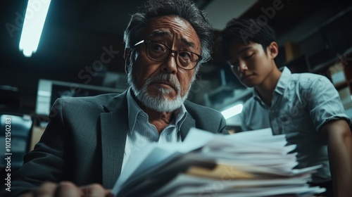 A serious-looking elderly man with glasses is concentrated on reviewing a stack of documents, accompanied by a younger man, under the harsh bright lights of an office.