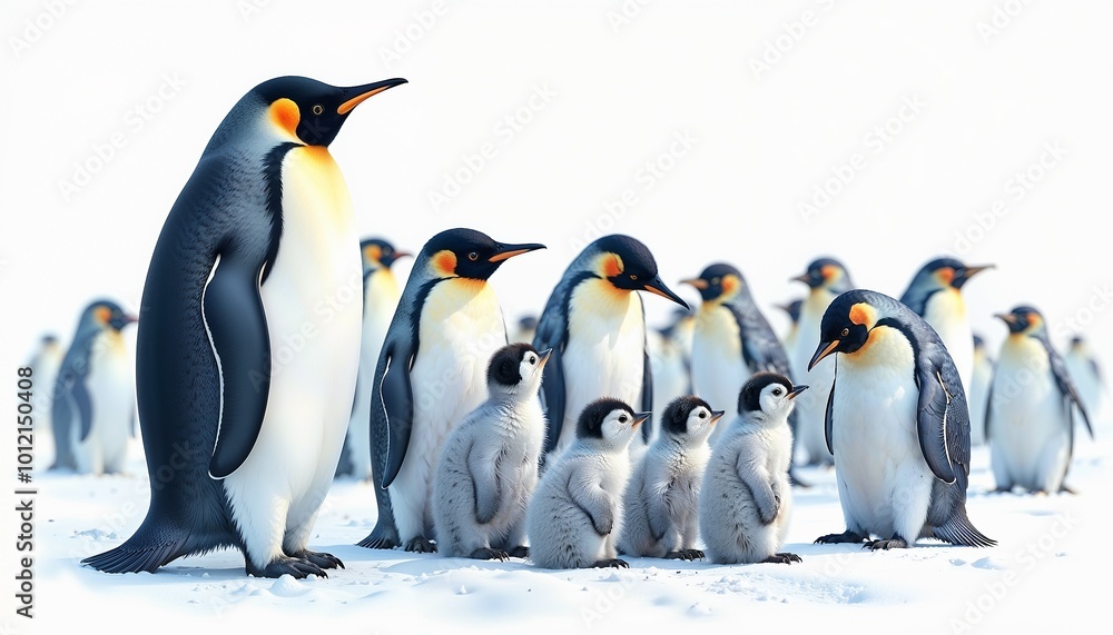 Fototapeta premium Emperor penguins with cute chicks gathered in a snowy landscape, wildlife family 