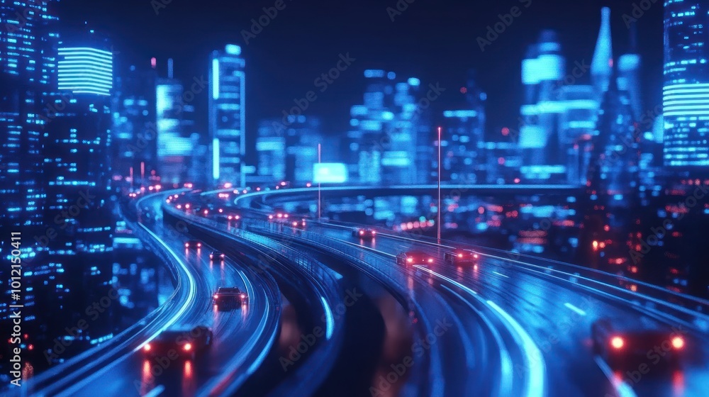 Fototapeta premium Futuristic cityscape with illuminated highways and modern buildings at night.