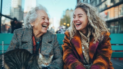 Two women, one elderly and one young, laugh joyfully with a cat on a bench, amidst a bustling city backdrop, capturing the essence of kinship and happiness.