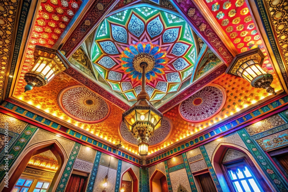 Obraz premium Elegant Architectural Ceiling Design with Intricate Patterns and Soft Lighting in a Modern Interior Space