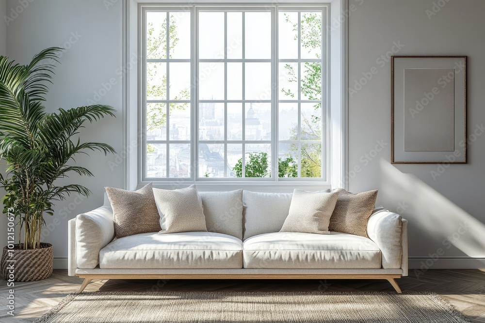 Stylish home living room interior with sofa, sideboard and window. Mockup wall, Generative AI Stylish home living room interior with sofa, sideboard and window. Mockup wall, Generative AI