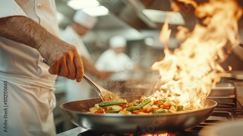 A dynamic image capturing a chef in the midst of sautéing colorful vegetables over a high flame in a pan, demonstrating the excitement and energy of culinary creation.