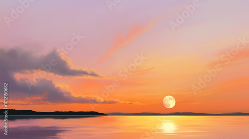 Vibrant sunset over calm water with reflection, perfect background for spring equinox celebration