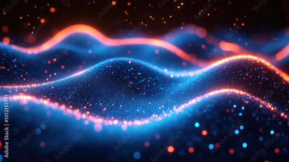 Abstract Digital Wave With Glowing Blue And Orange Particles Creating A Futuristic Sci-Fi Landscape For Technology And Innovation Concepts Abstract Digital Wave With Glowing Blue And Orange Particles Creating A Futuristic Sci-Fi Landscape For Technology And Innovation Concepts