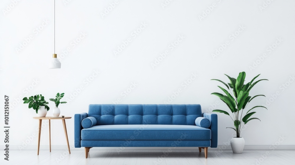 Obraz premium Modern Minimalist Living Room with Blue Sofa and Plants in Contemporary Interior Design