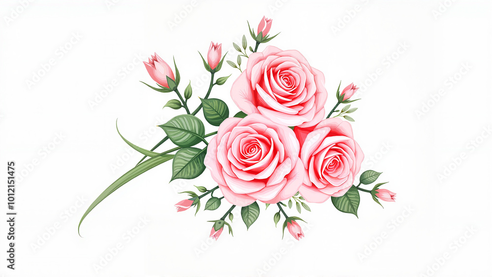 Beautiful bouquet of pink roses and buds on a white background for decoration or illustration
Beautiful bouquet of pink roses and buds on a white background for decoration or illustration