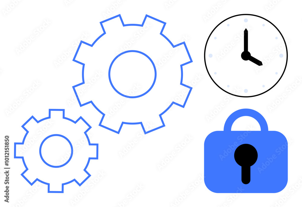 Two gears, a clock, and a padlock appear in a simple, minimalist design with blue and black colors. Ideal for productivity efficiency security time management and mechanical concepts Two gears, a clock, and a padlock appear in a simple, minimalist design with blue and black colors. Ideal for productivity efficiency security time management and mechanical concepts