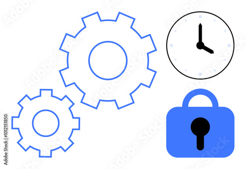 Two gears, a clock, and a padlock appear in a simple, minimalist design with blue and black colors. Ideal for productivity efficiency security time management and mechanical concepts