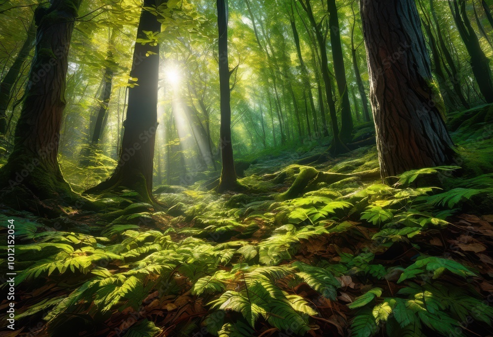 Naklejka premium captivating close enchanting woodland textures highlighting vivid foliage elements intricate natural details, bark, branches, canopy, closeup, colors