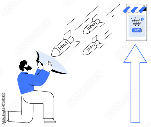 A man uses a shield to protect an online store from incoming missiles labeled DDoS. An arrow points to the stores Buy button, suggesting cybersecurity defense. Ideal for online security, cyber