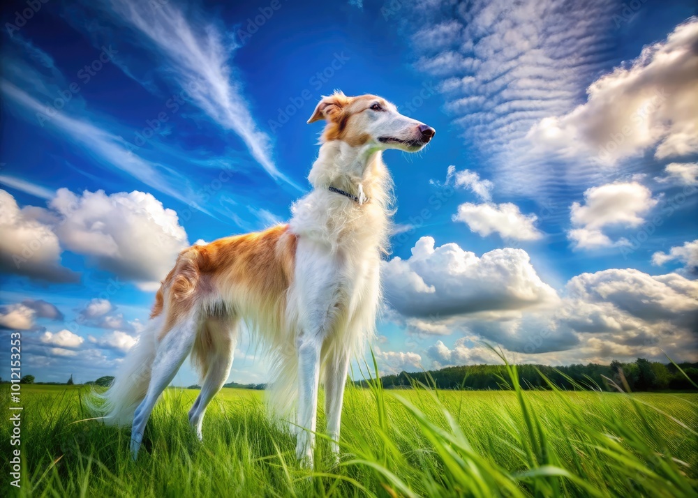 Elegant Borzoi Dog Standing Gracefully in a Lush Green Field Under a Bright Blue Sky Elegant Borzoi Dog Standing Gracefully in a Lush Green Field Under a Bright Blue Sky