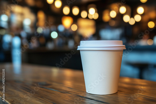 Mock up white paper glass in a cafe