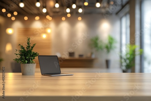 Wallpaper Mural Office interior with empty reception desk and laptop, blurred coworking room, Generative AI Torontodigital.ca