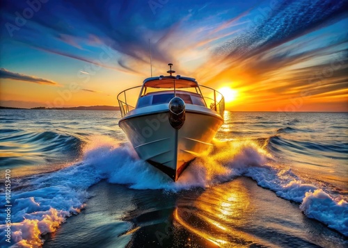 Elegant Bow of a Boat Cutting Through the Waves Under a Clear Blue Sky at Sunset